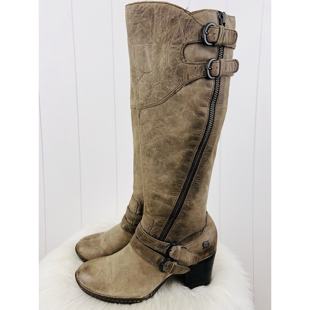 Born Milari Brown Soft Leather Tall Moto Riding Boots Distressed Buckled Size 9